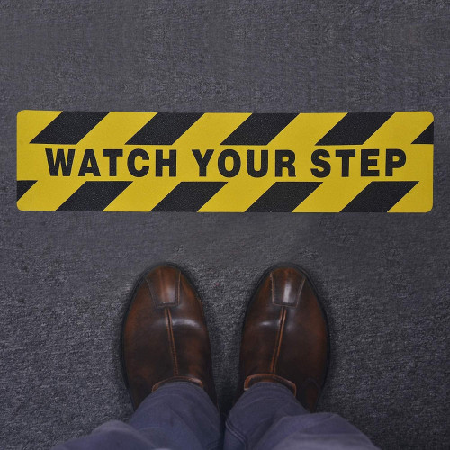 "WATCH YOUR STEP" Black and Yellow Chevron Hazard Anti Slip
