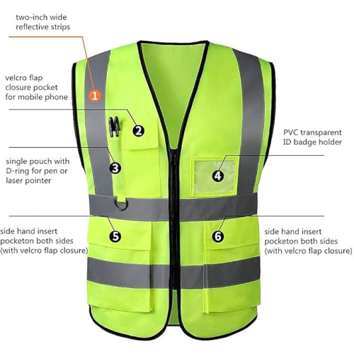 Unisex High Visibility Safety Reflective Vest with Pockets and