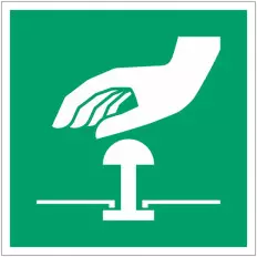 Panneau adhésif « Bouton d'arrêt d'urgence » ISO 7010 - E020