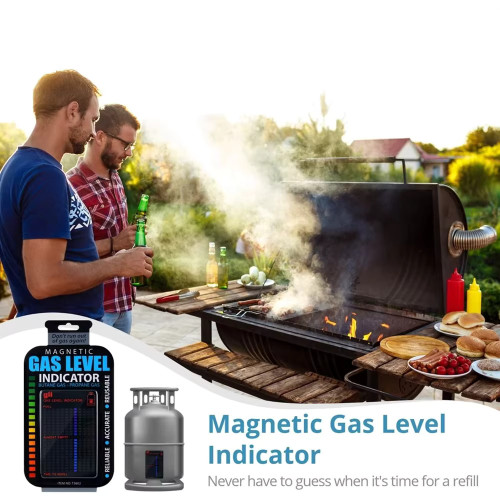 Magnetic gas level indicator for camping barbecue