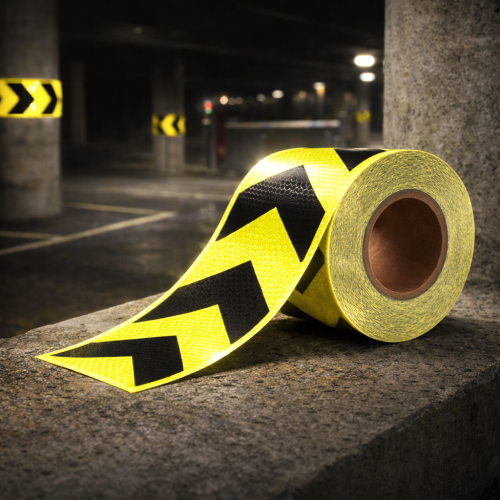 Reflective Yellow and Black chevron hazard warning prismatic tape
