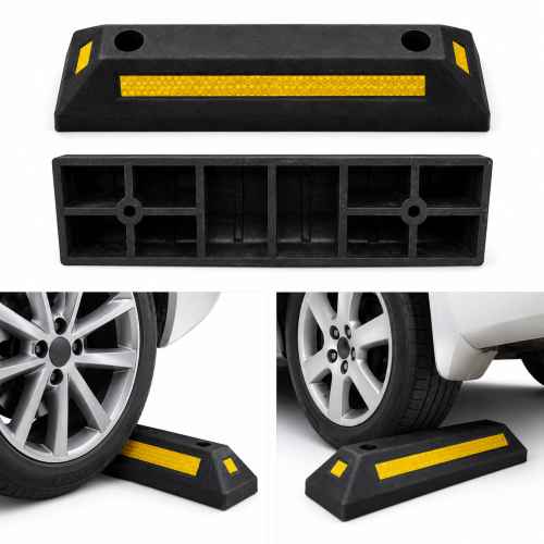 Rubber reflective parking wheel stop for commercial and domestic car parks, black and yellow