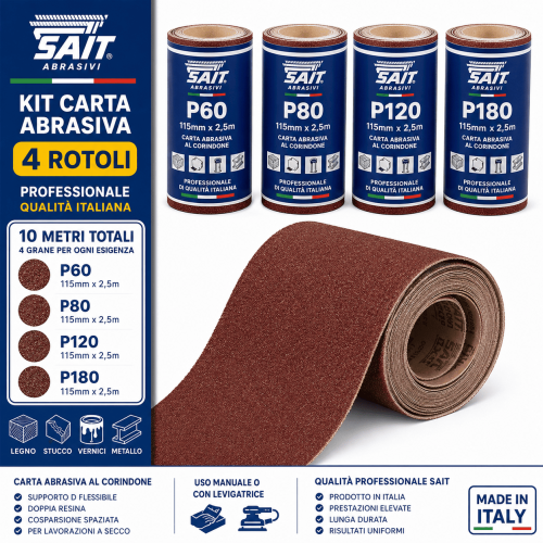 SAIT Kit Carta Abrasiva 4 Rotoli 115x2,5m P60...