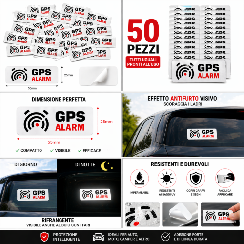 50 Autocolantes Refletores GPS Alarm 55x25mm Antifurto Carro Impermeáveis