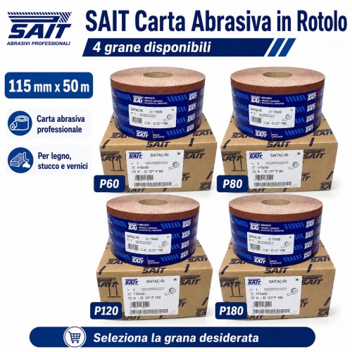 SAIT Rollo Papel Abrasivo 115 mm x 50 m Madera Masilla Pintura
