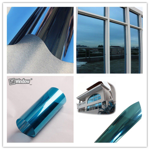 Mirror effect film for windows and windows in silver / blue