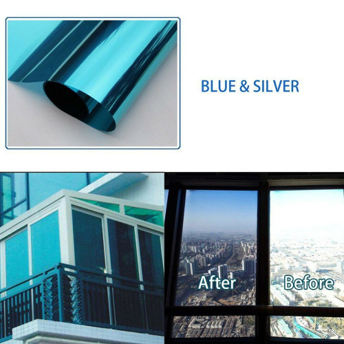 Mirror effect film for windows and windows in silver / blue