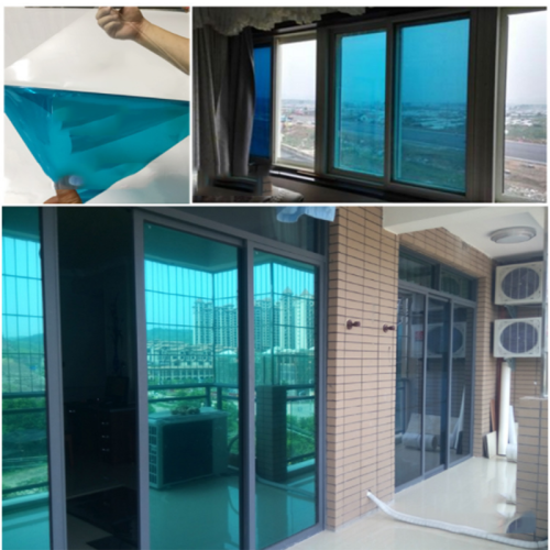Mirror effect film for windows and windows in silver / blue