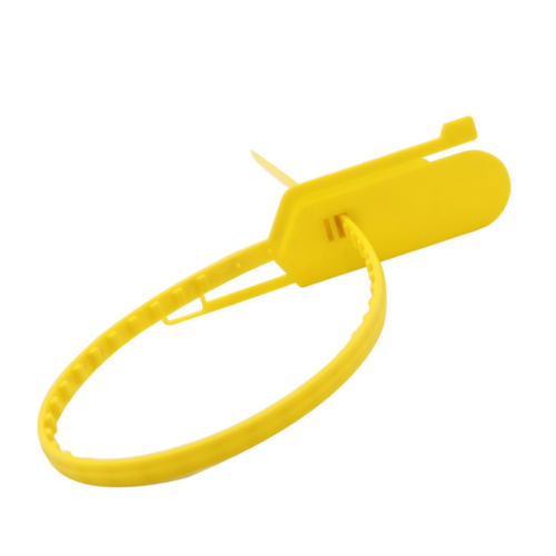 Tamper-evident plastic security seals with adjustable strap and