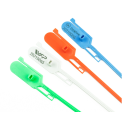Tamper-evident plastic security seals with adjustable strap and