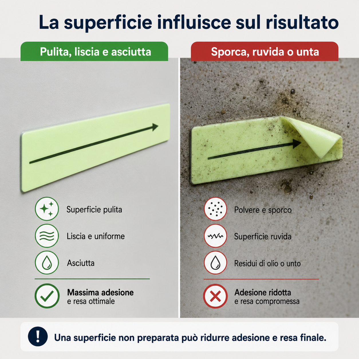 Confronto dell’adesione su una superficie pulita, liscia e asciutta rispetto a una superficie sporca, ruvida o unta