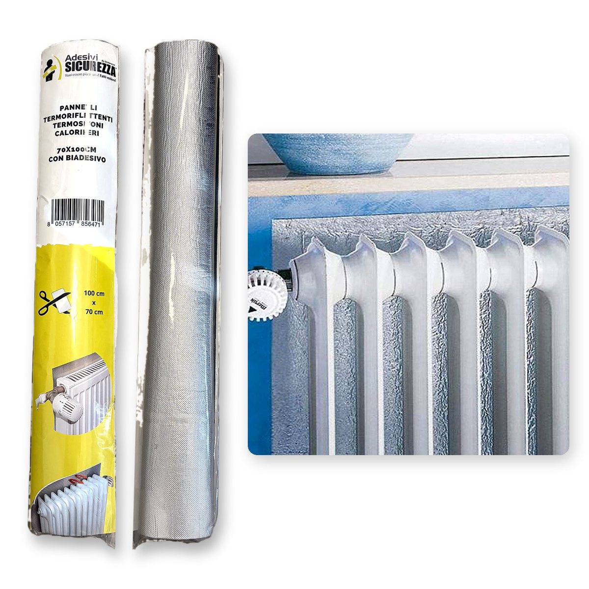 Pannello termoriflettente 70x100 cm con biadesivo: la confezione e il pannello montato dietro un termosifone